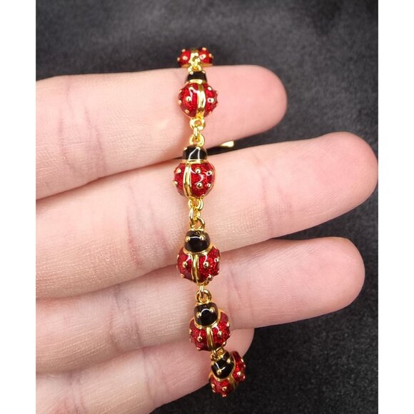 Vintage Joan Rivers Signed Ladybug Bracelet & Earrings Set Classic - Picture 4 of 6